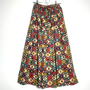 JAEGER Vintage Midi Skirt Colorful Red Blue Tan Aztec Print 100% Wool Size 10